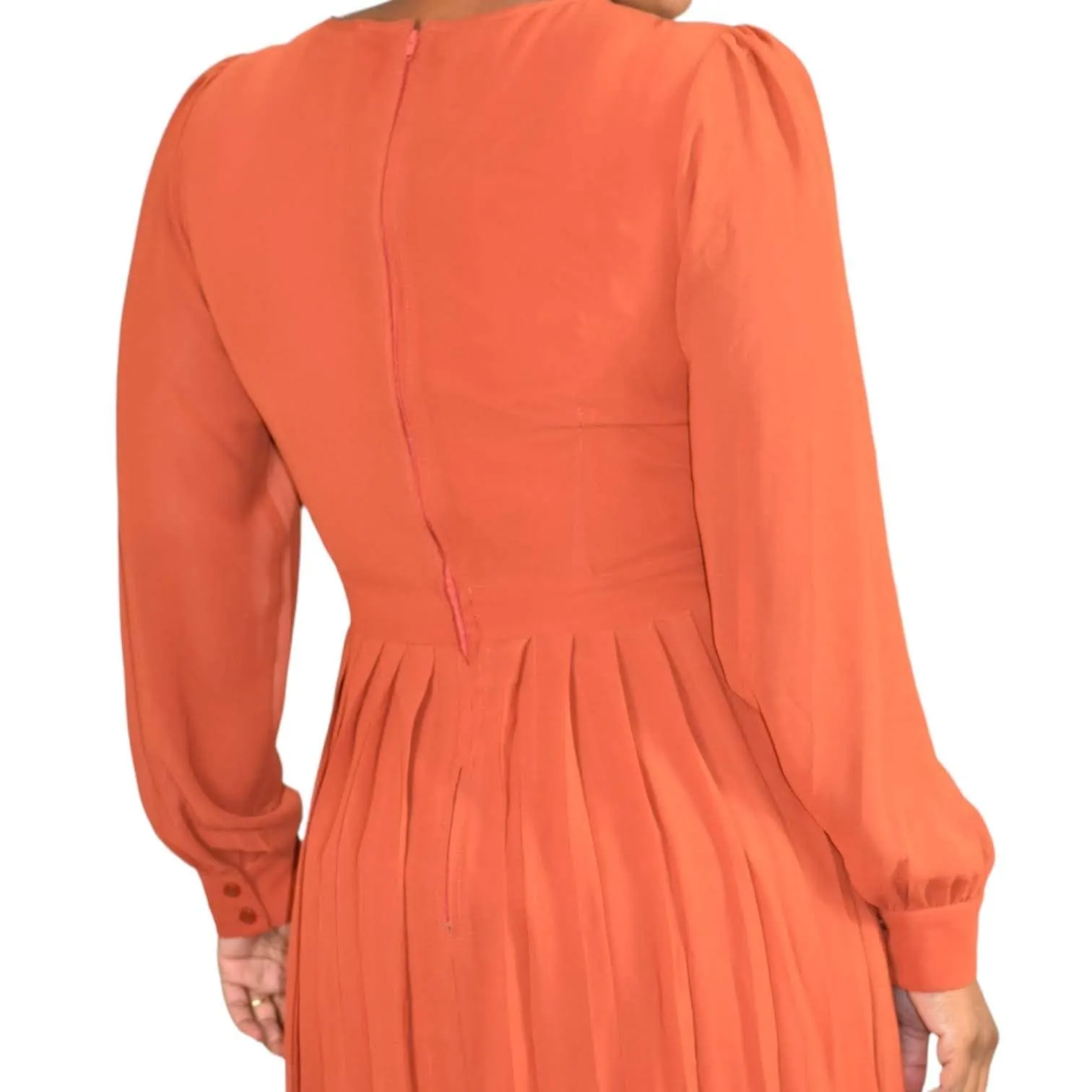 Modcloth Midi Dress Rust Keen on Pleats Orange Sheer Chiffon Secretary Retro Size 6