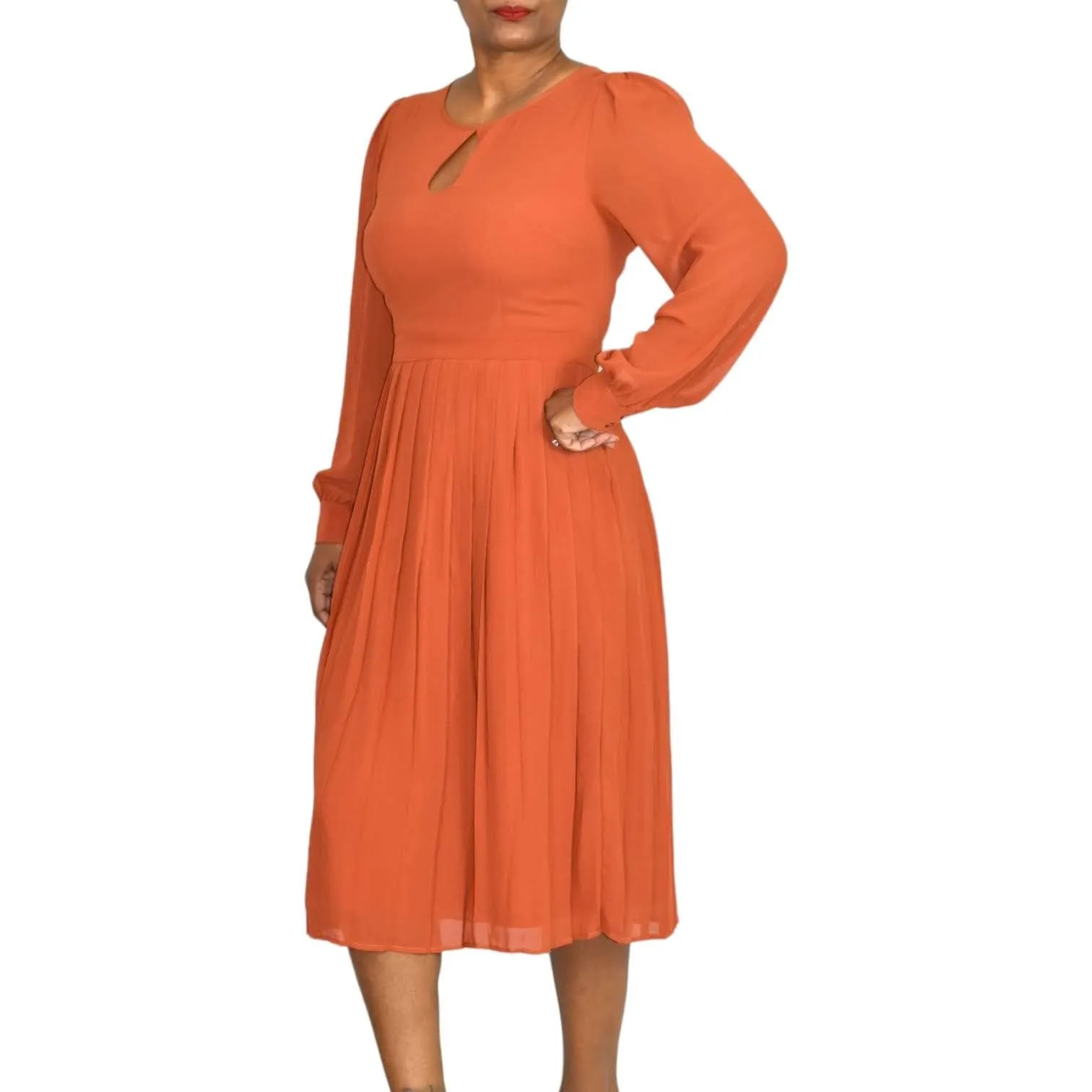 Modcloth Midi Dress Rust Keen on Pleats Orange Sheer Chiffon Secretary Retro Size 6