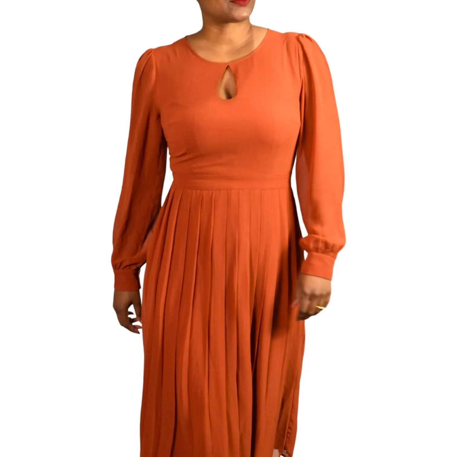 Modcloth Midi Dress Rust Keen on Pleats Orange Sheer Chiffon Secretary Retro Size 6