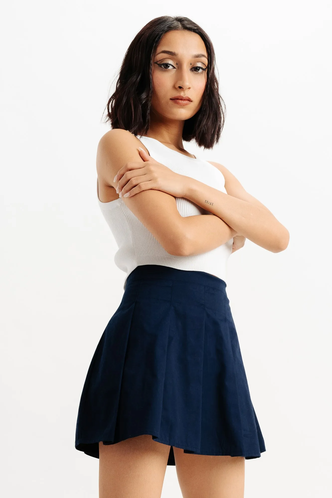 Navy Pleated Mini Skirt