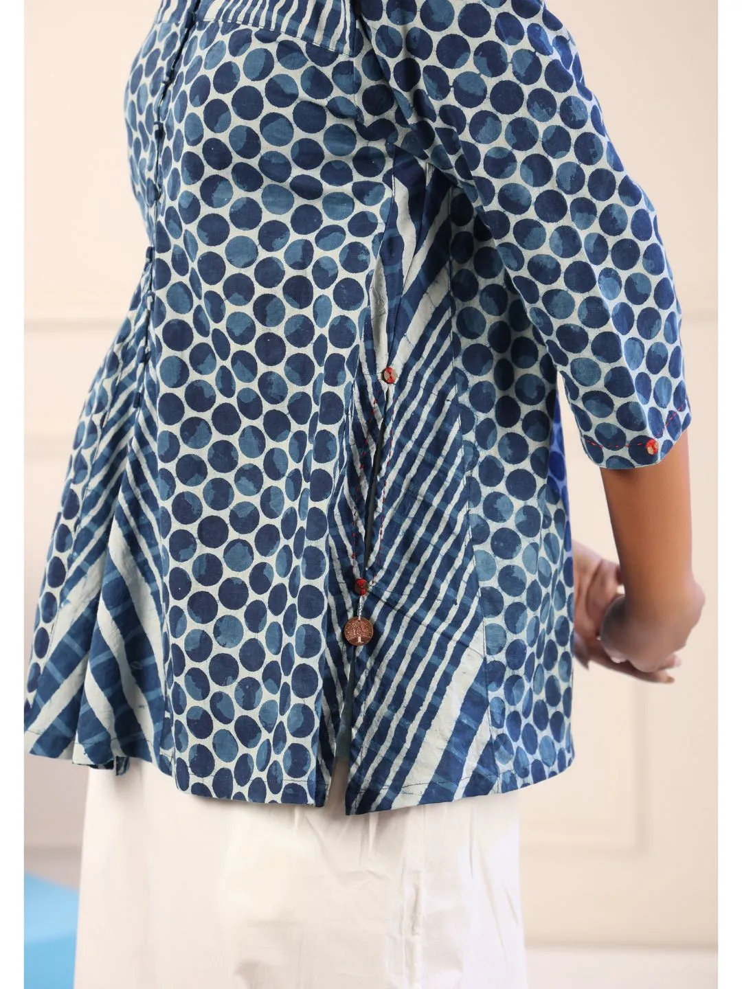 Navya Indigo Cotton Polka Print Tunic Top