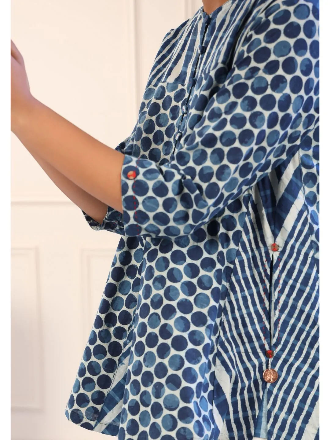 Navya Indigo Cotton Polka Print Tunic Top