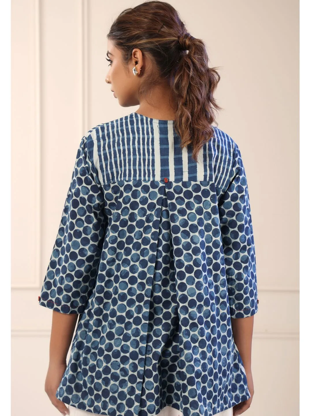 Navya Indigo Cotton Polka Print Tunic Top