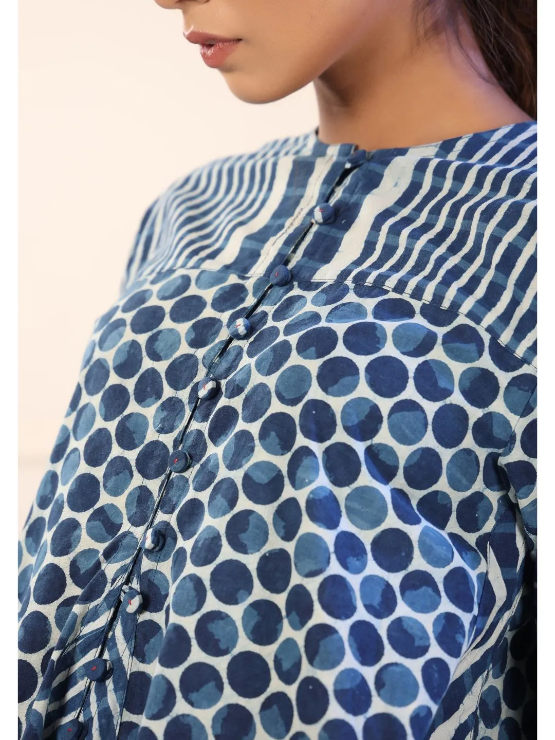 Navya Indigo Cotton Polka Print Tunic Top