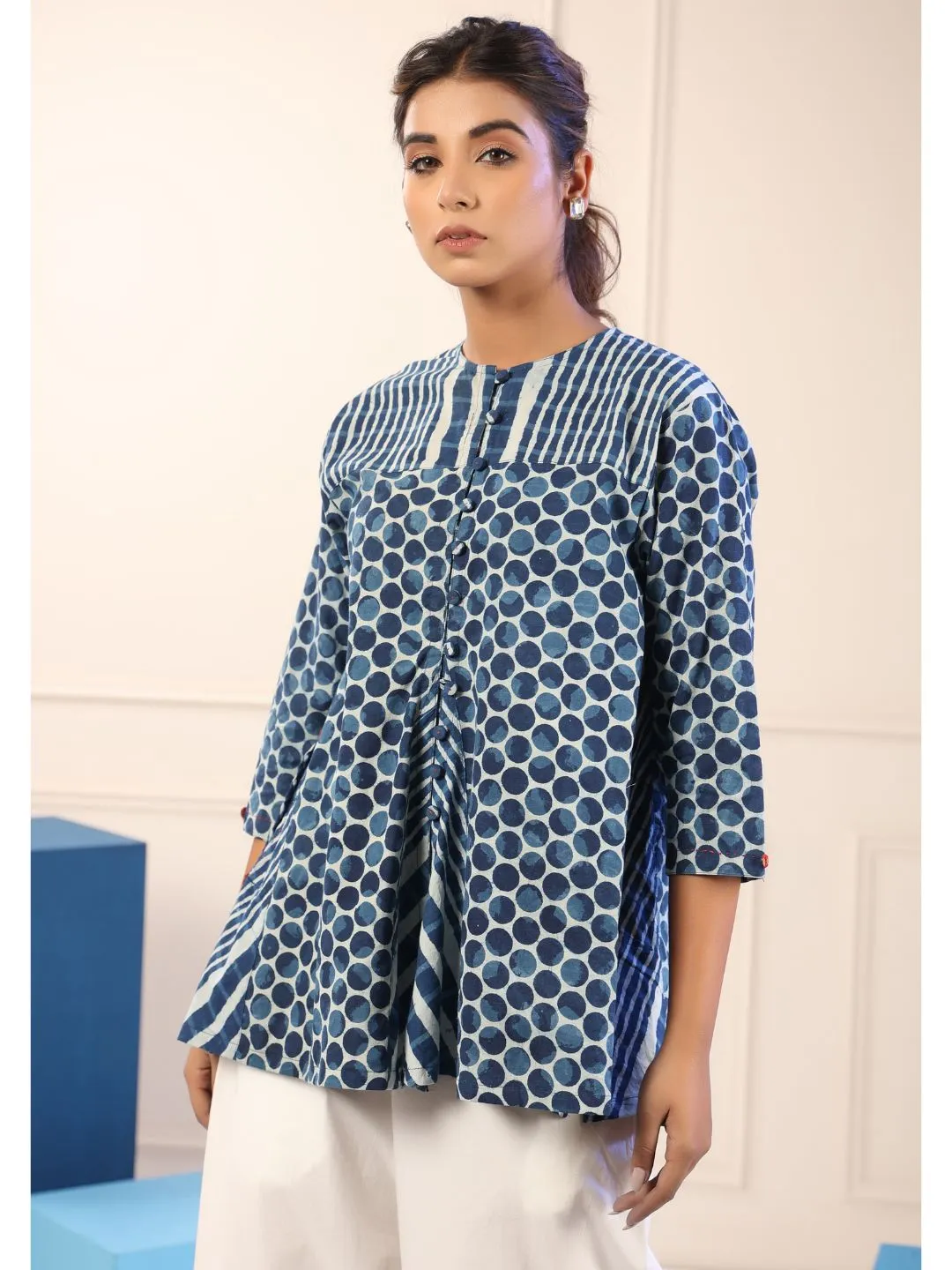 Navya Indigo Cotton Polka Print Tunic Top