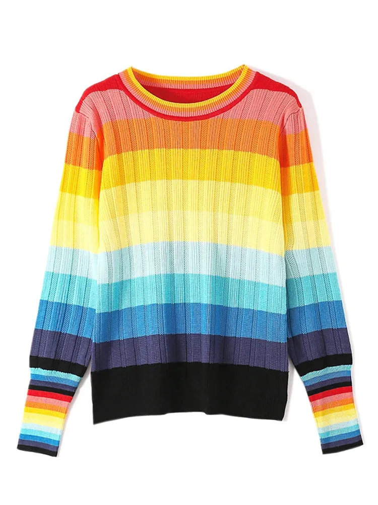 New Multicolor Rainbow Sweater Autumn Winter Women Sweater O-Neck Knitted Jumper Top Loose Casual Warm Femme Sweater C-144