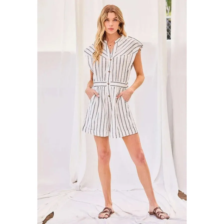 Notched Neck Button Elastic Band Waist Stripe Print Romper