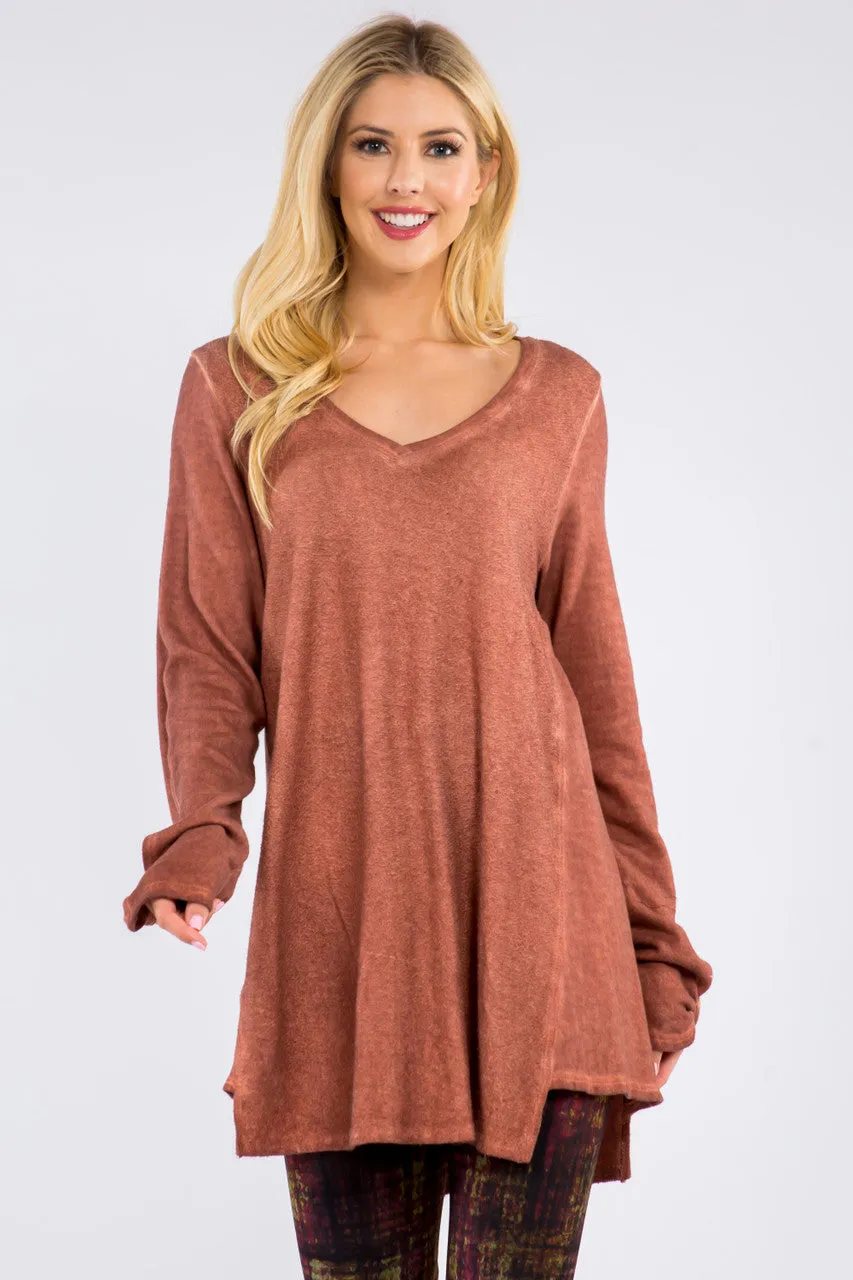 Oil Washed French Terry Tunic with 3/4 Sleeves - Paprika