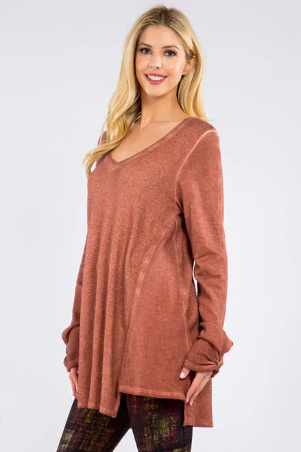 Oil Washed French Terry Tunic with 3/4 Sleeves - Paprika