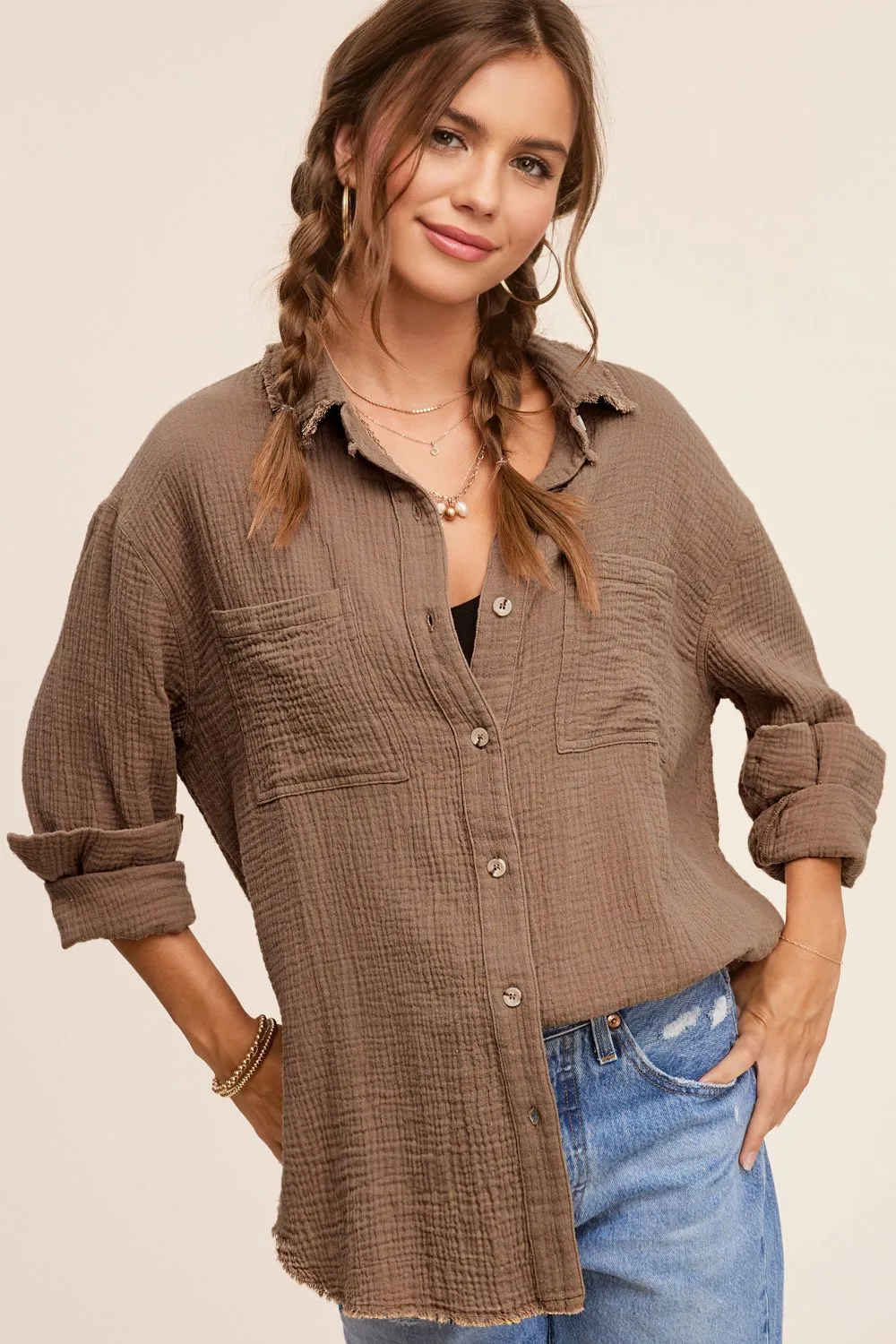 Olive Button Down Gauze Shirt