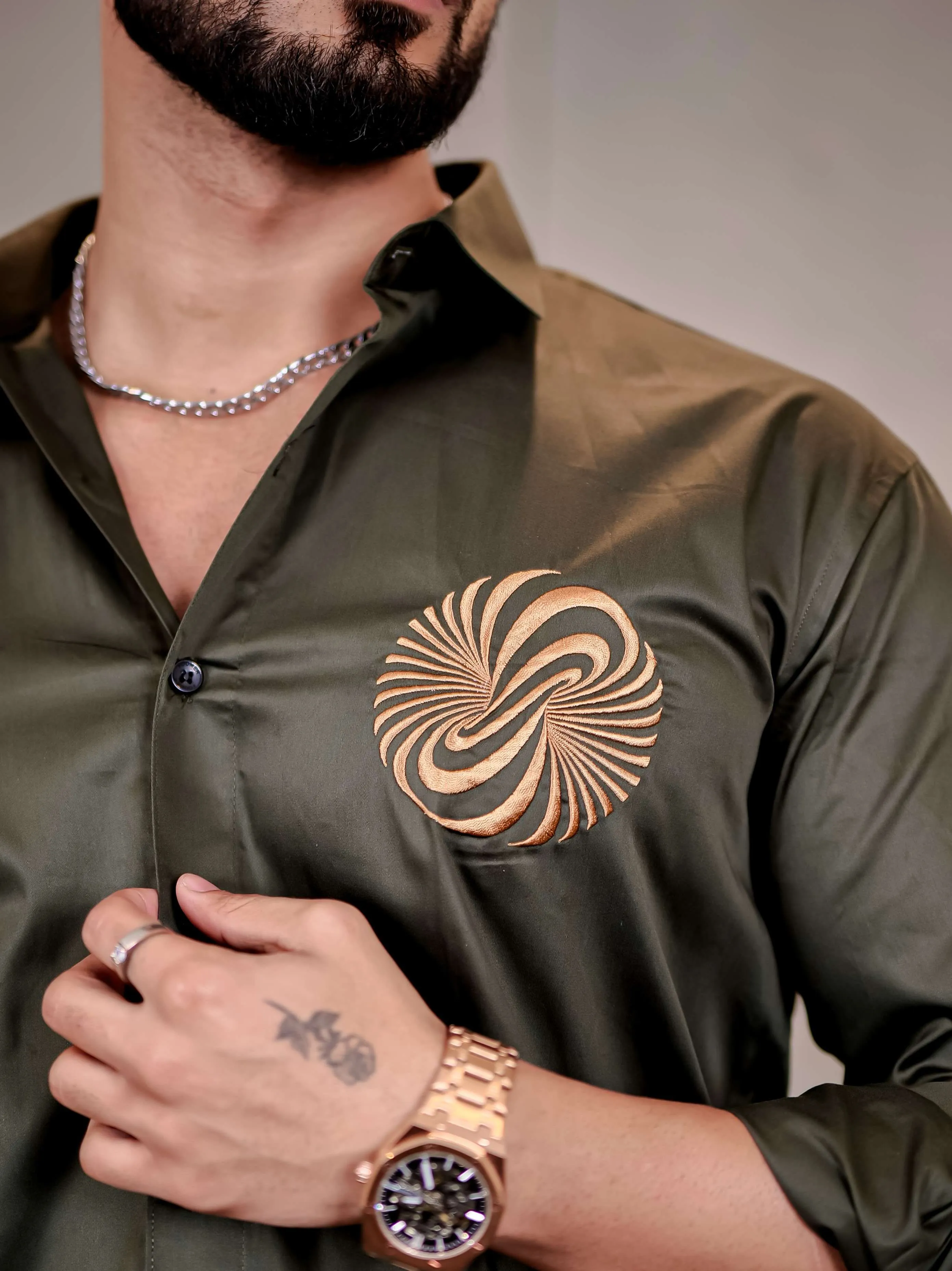 Olive Green Money Attract Embroidered Premium Cotton Shirt For Men