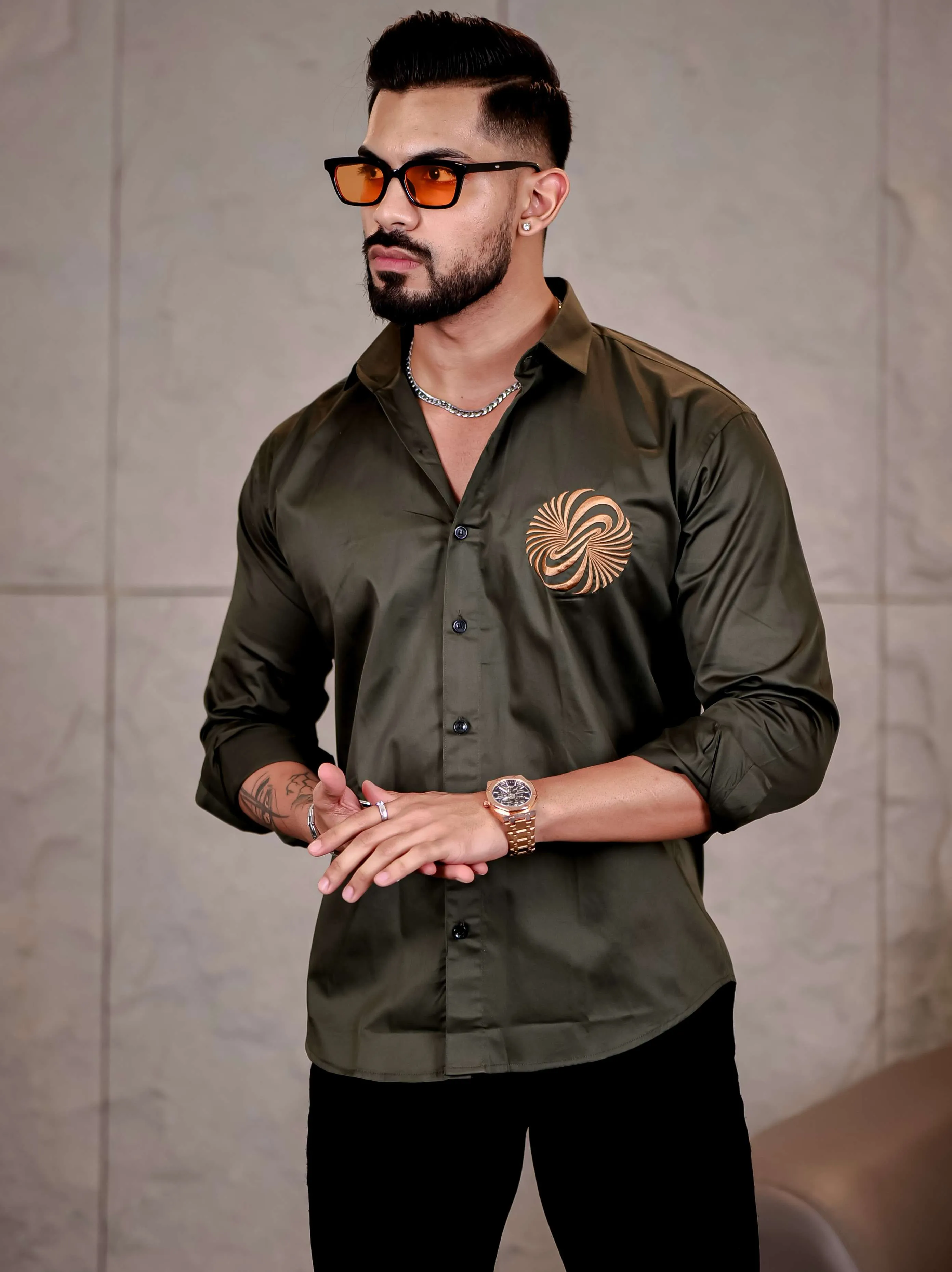 Olive Green Money Attract Embroidered Premium Cotton Shirt For Men