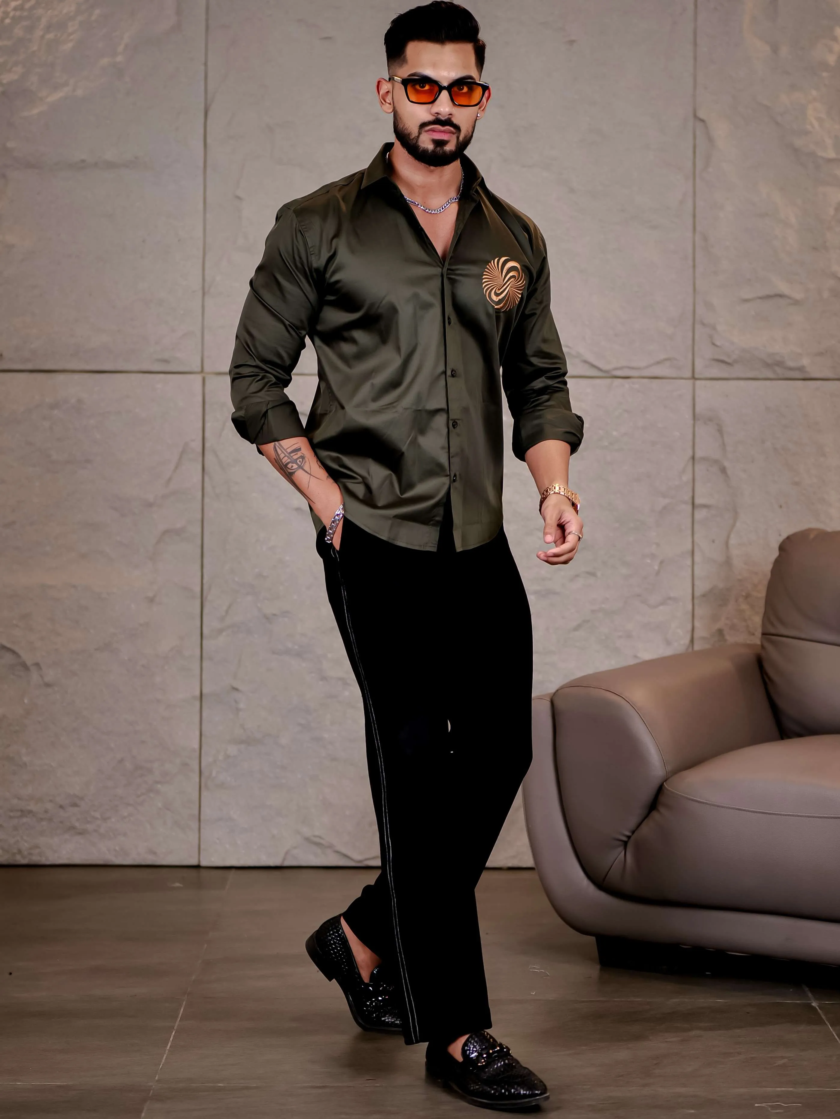 Olive Green Money Attract Embroidered Premium Cotton Shirt For Men