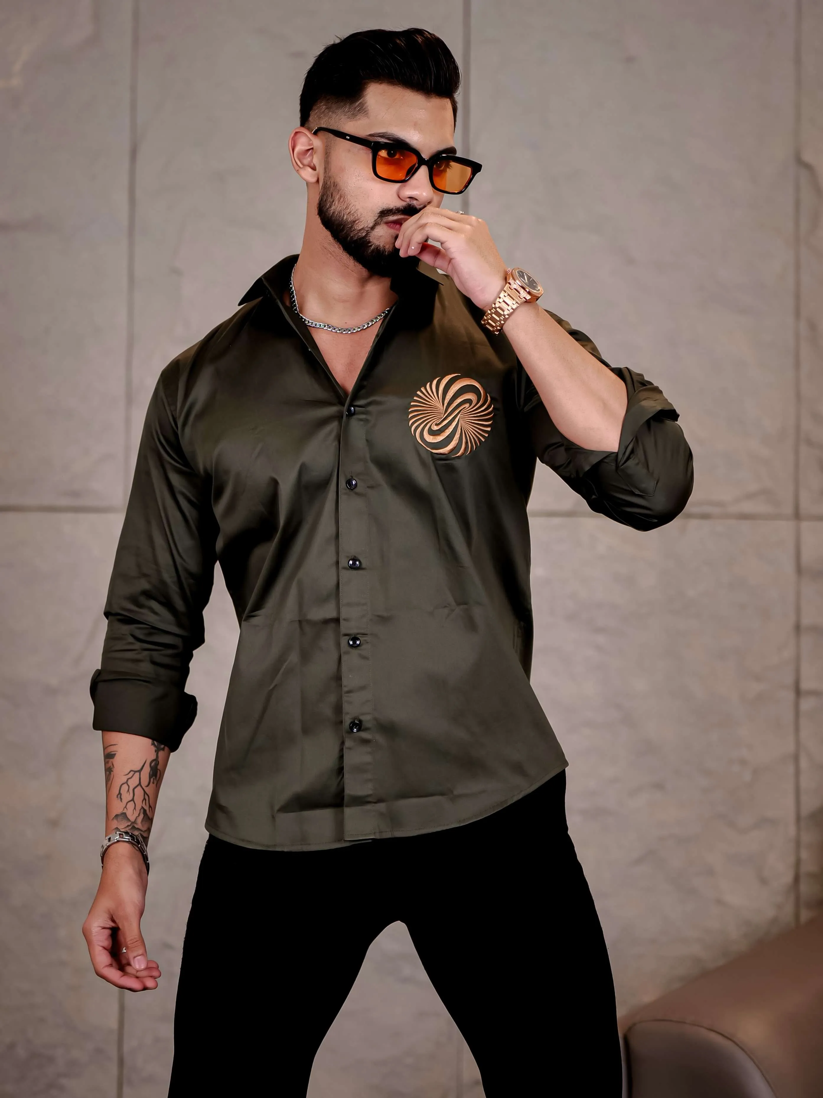 Olive Green Money Attract Embroidered Premium Cotton Shirt For Men