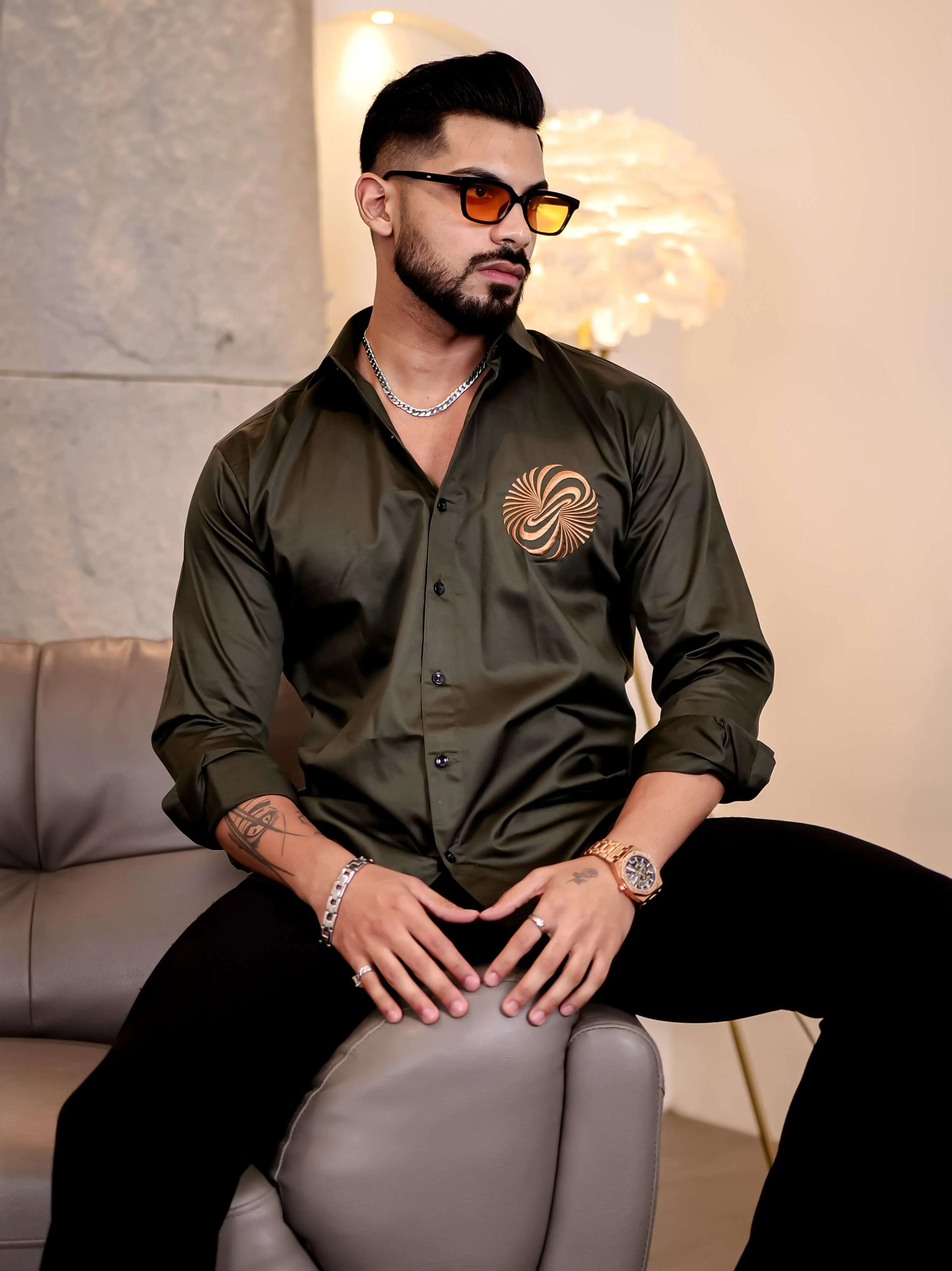 Olive Green Money Attract Embroidered Premium Cotton Shirt For Men