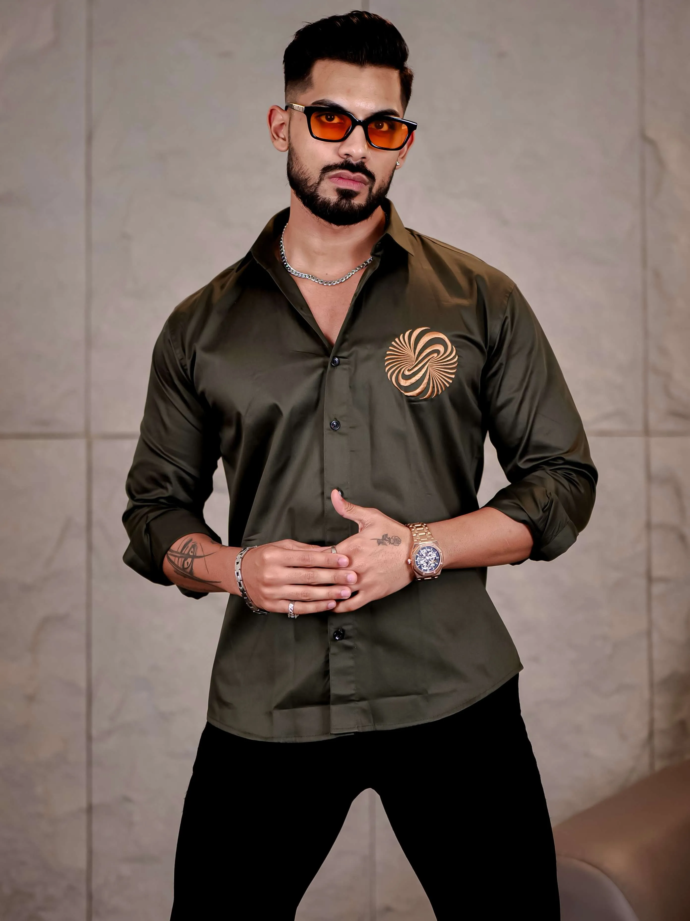 Olive Green Money Attract Embroidered Premium Cotton Shirt For Men