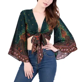 Peacock Women Boho Wrap Top - Casual Shirt - Green