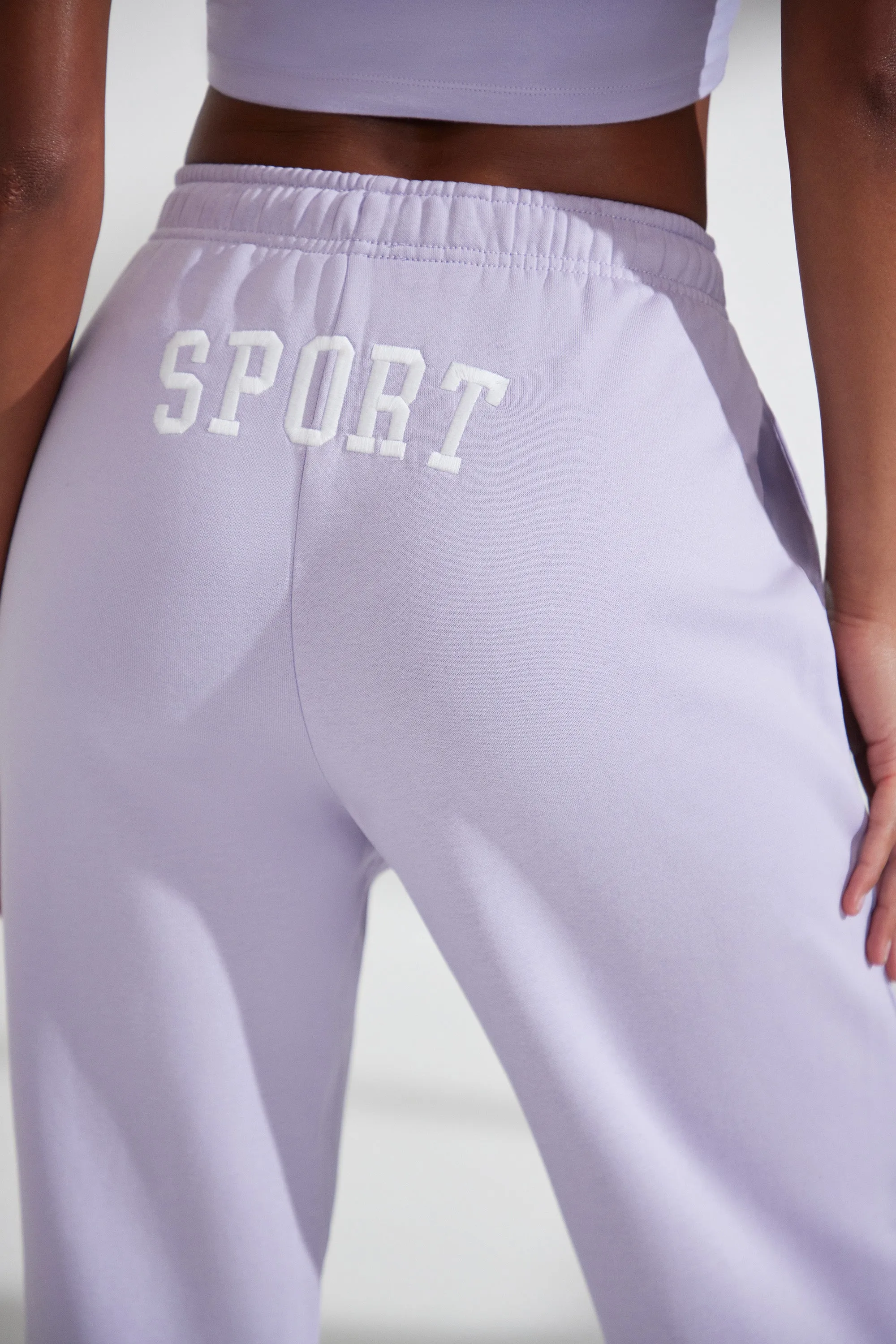 Petite Wide Leg Embroidered Back Joggers in Lavender