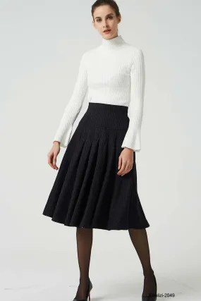 pleated striped wool skirt, knee length skirt 2049