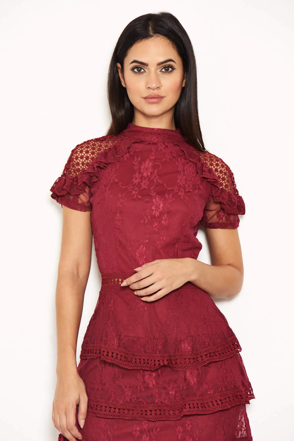 Plum High Neck Lace Layer Frill Mini Dress