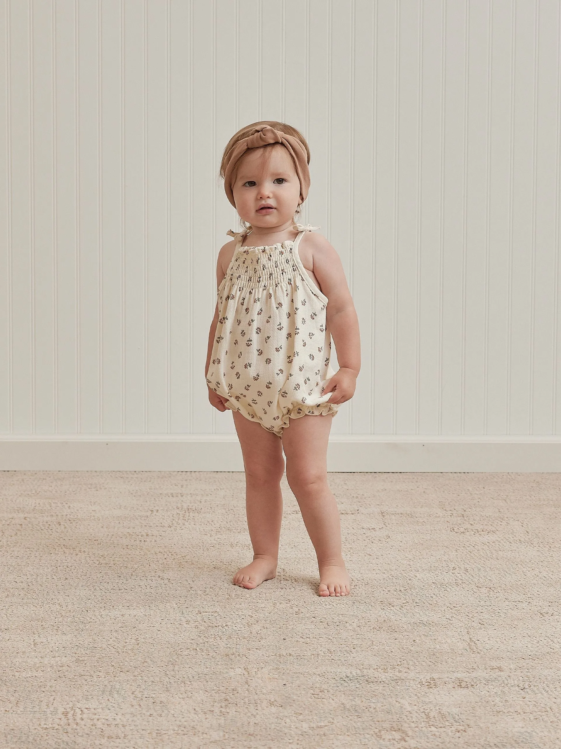 Quincy Mae Smocked Woven Romper - Ivory Daisy