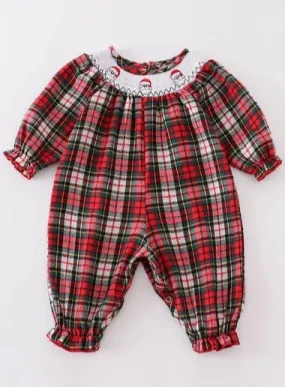 Red Plaid Santa Claus Smocked Baby Romper