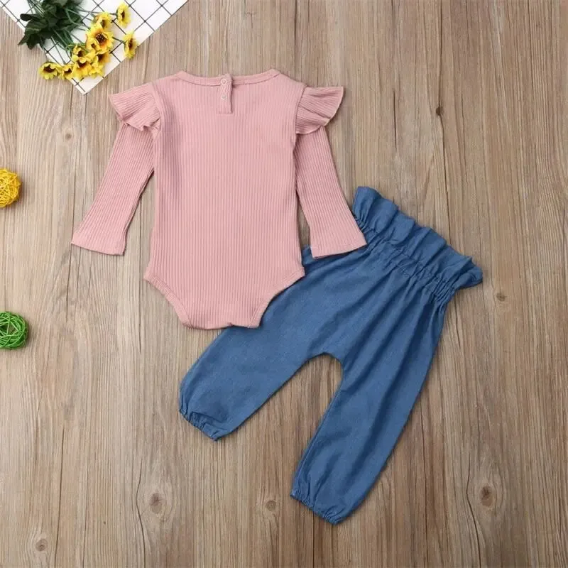 Ribbed Pink Long Sleeve Romper and Bowknot Denims #10006