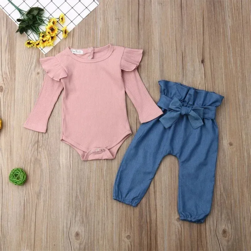 Ribbed Pink Long Sleeve Romper and Bowknot Denims #10006