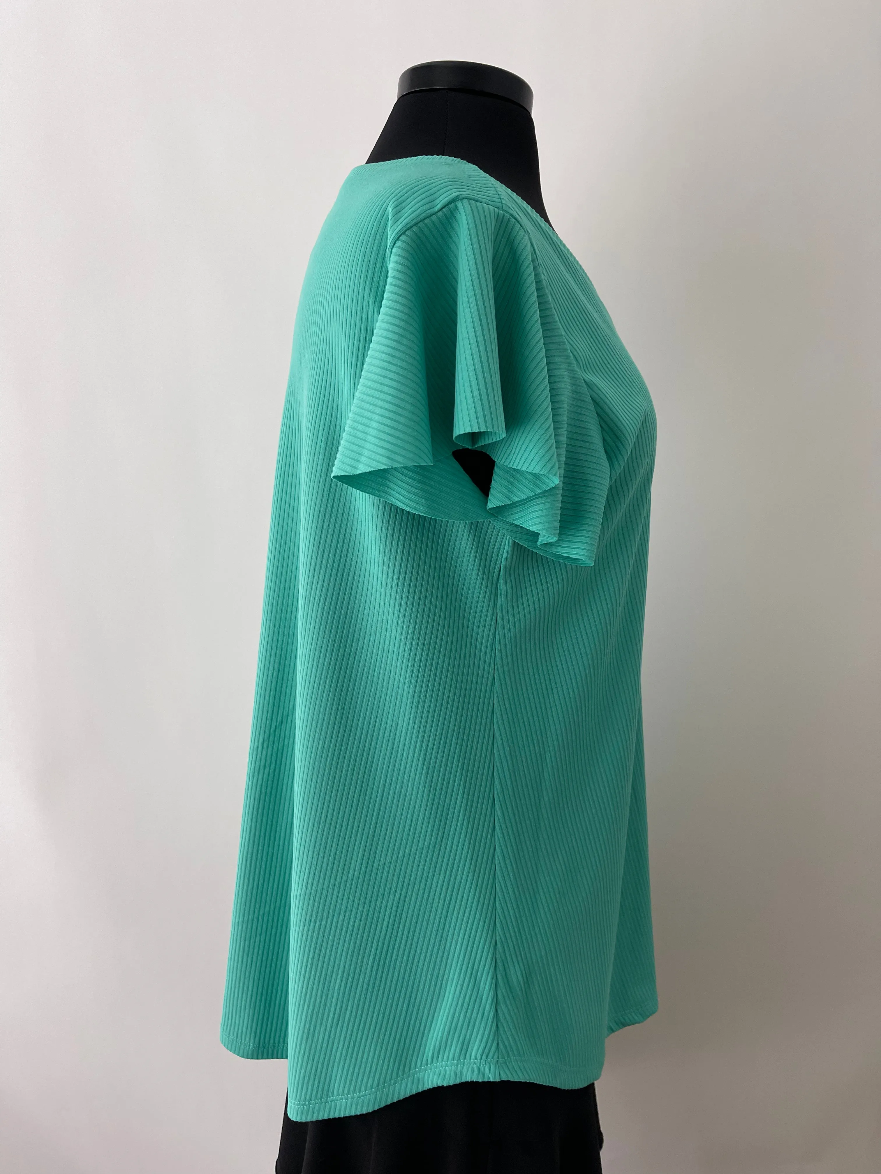 Ribbed V-Neck Top with Ruffle Sleeve - Aqua