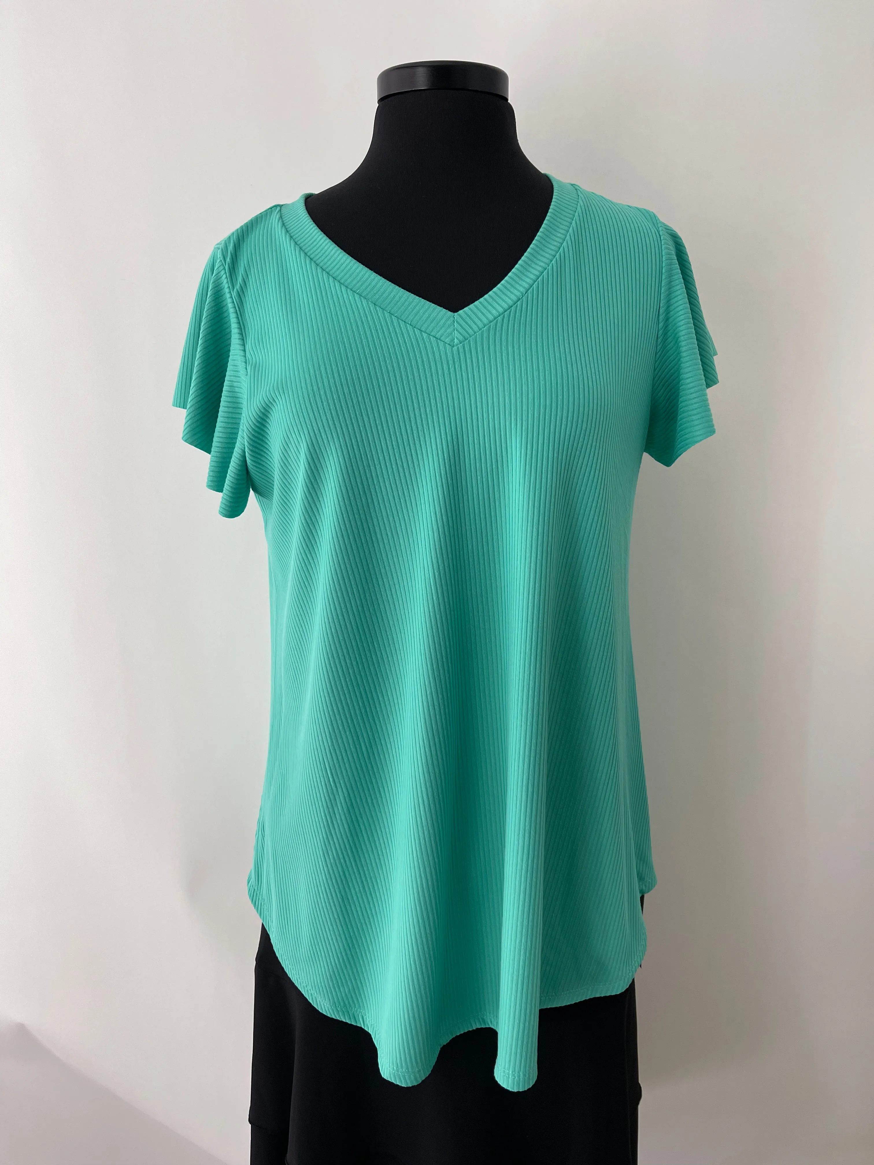 Ribbed V-Neck Top with Ruffle Sleeve - Aqua