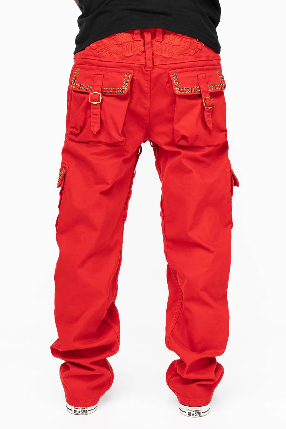 ROBINS NEW MILITARY STYLE CARGO PANTS IN RED WITH JET BLK CRYSTALS