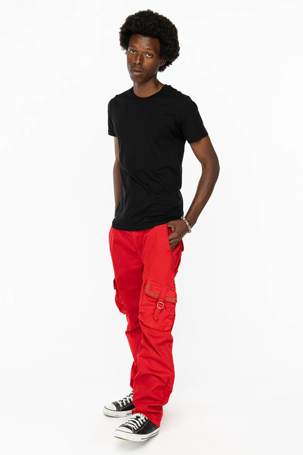 ROBINS NEW MILITARY STYLE CARGO PANTS IN RED WITH JET BLK CRYSTALS