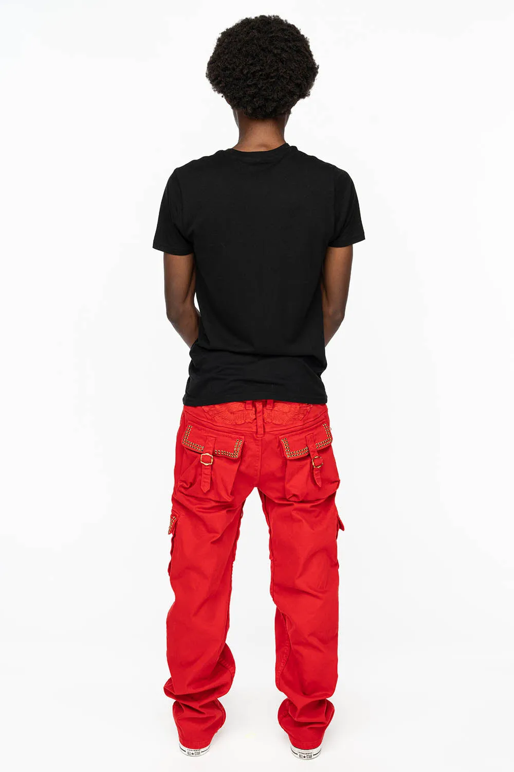 ROBINS NEW MILITARY STYLE CARGO PANTS IN RED WITH JET BLK CRYSTALS