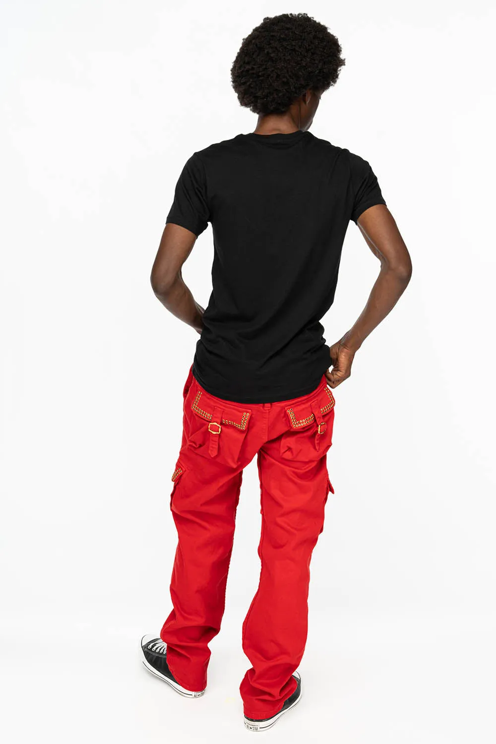 ROBINS NEW MILITARY STYLE CARGO PANTS IN RED WITH JET BLK CRYSTALS