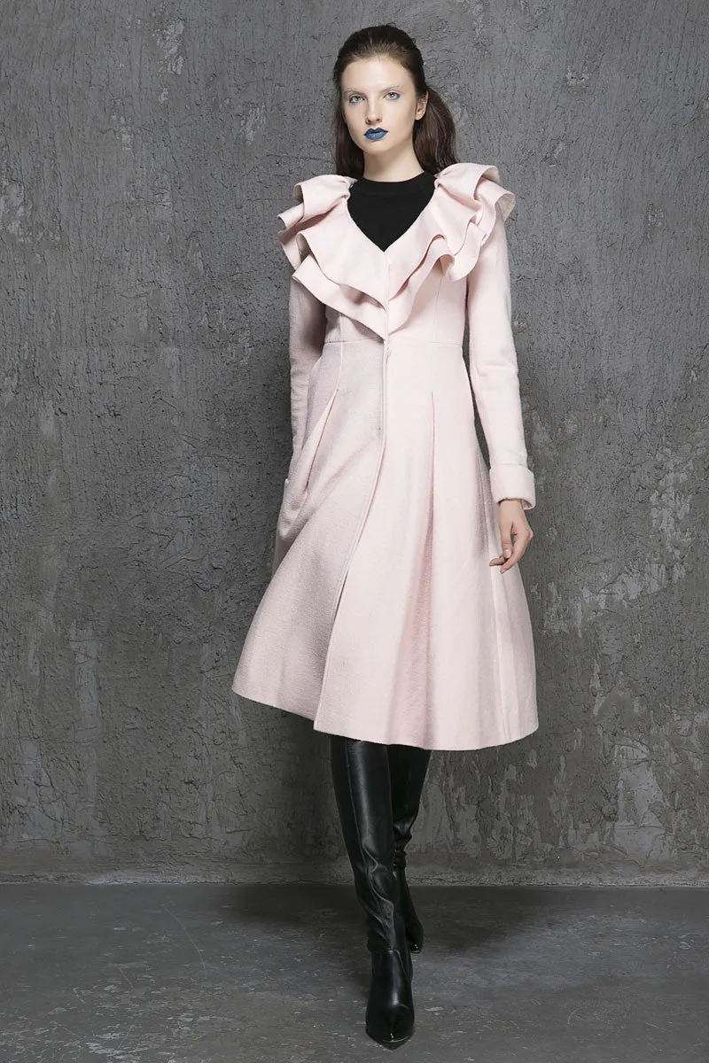 Ruffled Collar Winter Coat - Pink Long Wool Coat (1348)