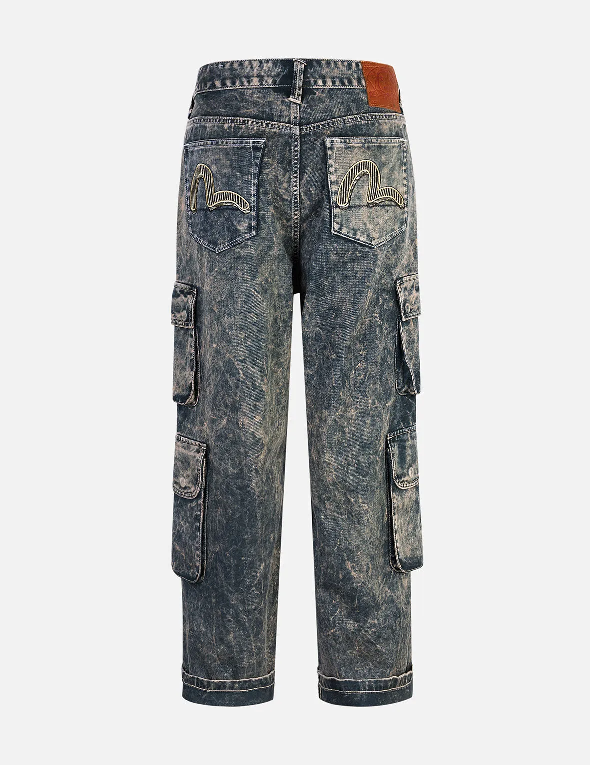 Seagull Print and Multi-Pockets Acid Wash Baggy Cargo Jeans