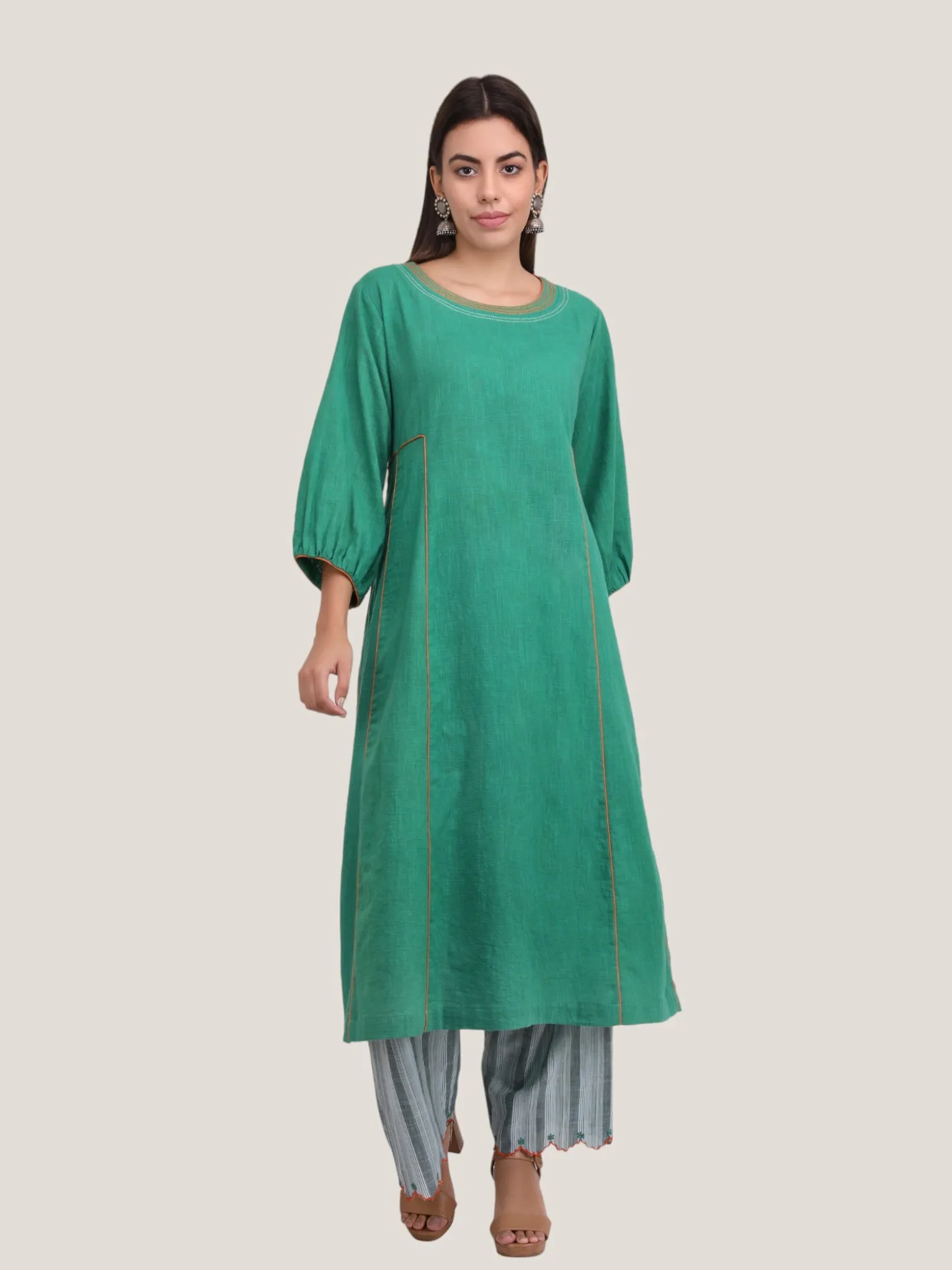 Side Panelled Kurta Set- Green