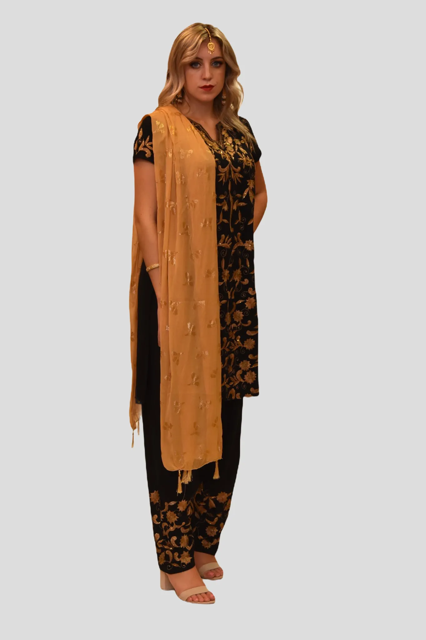 Silk Cotton Blend Spider Black Gold Embroidered Kurti