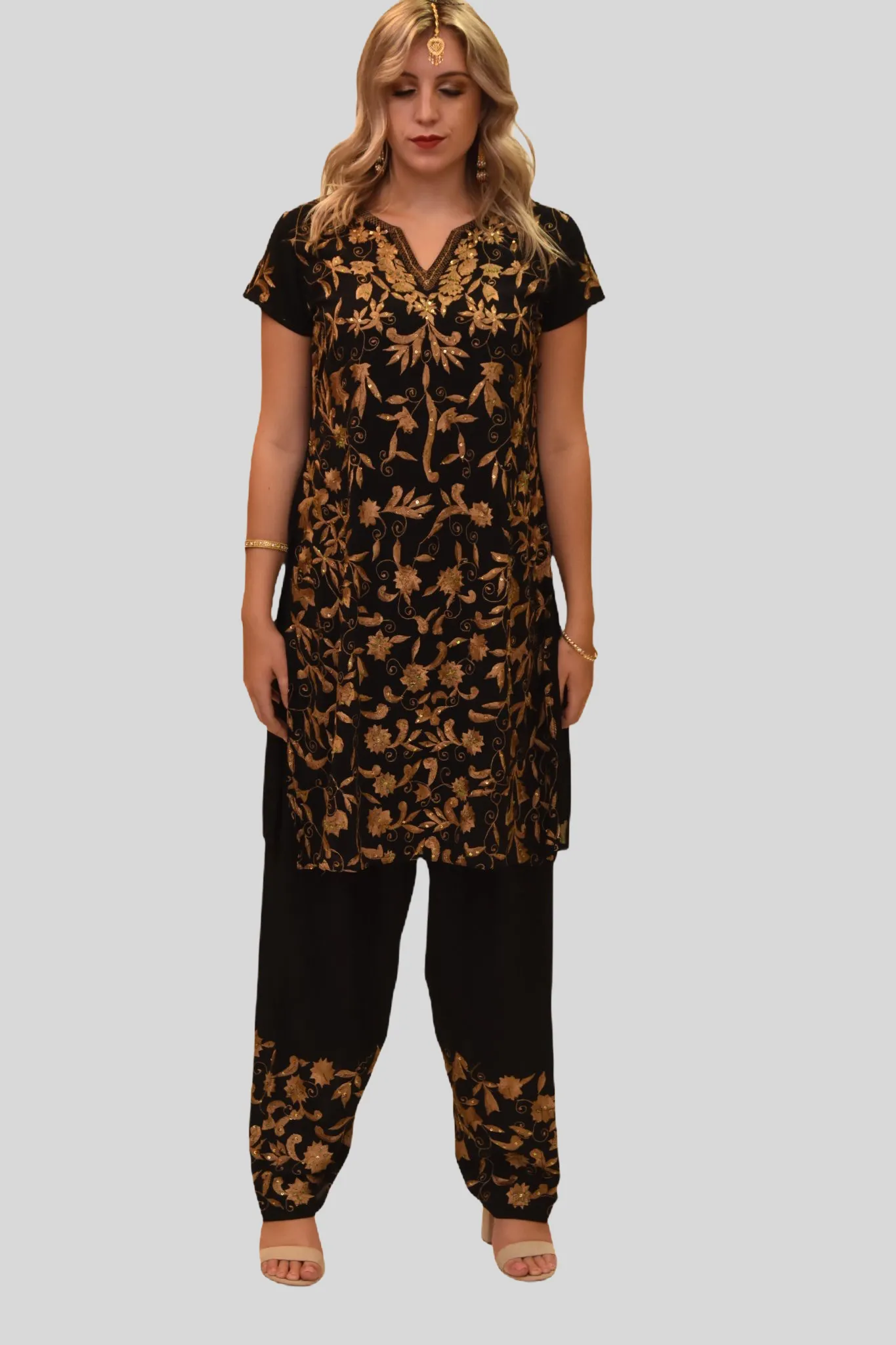 Silk Cotton Blend Spider Black Gold Embroidered Kurti