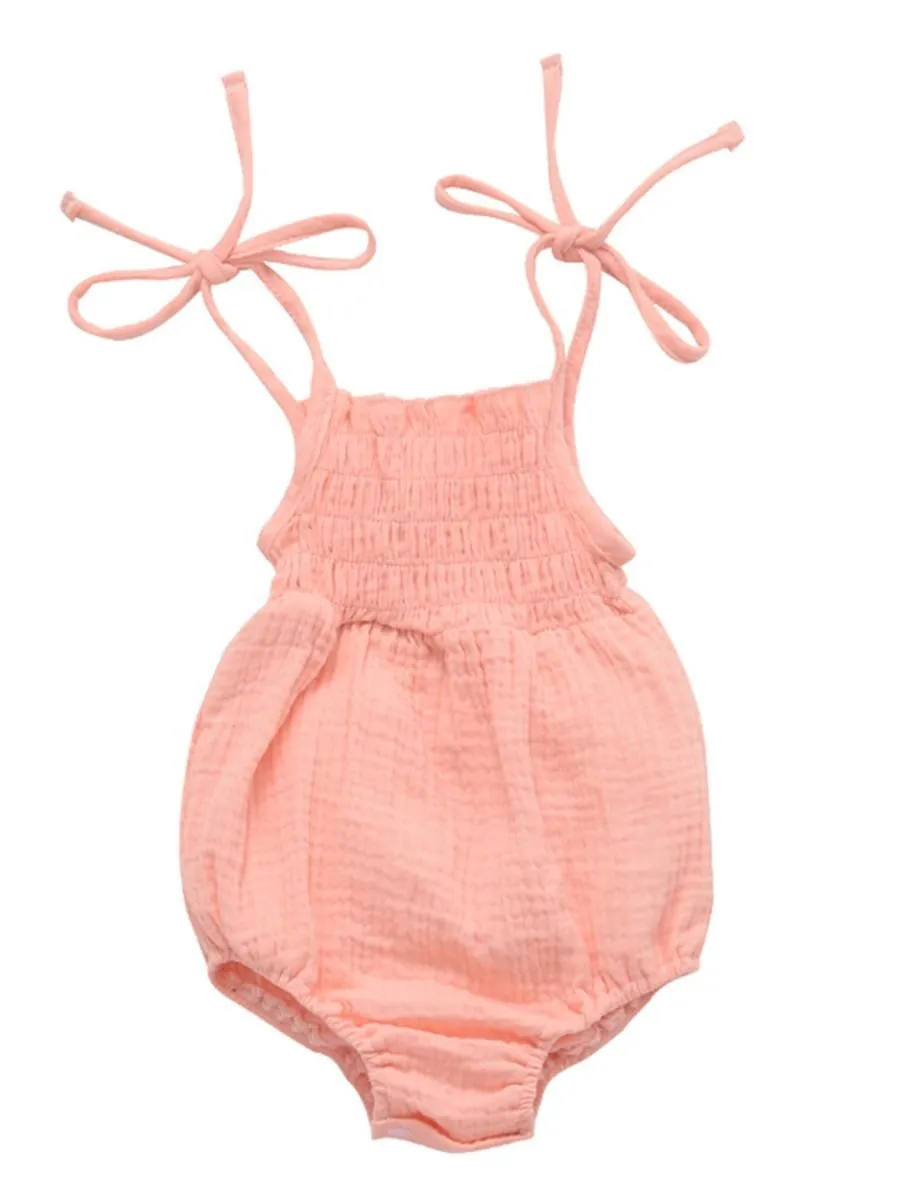 Solid Color Tie Muslin Baby Romper Playsuit