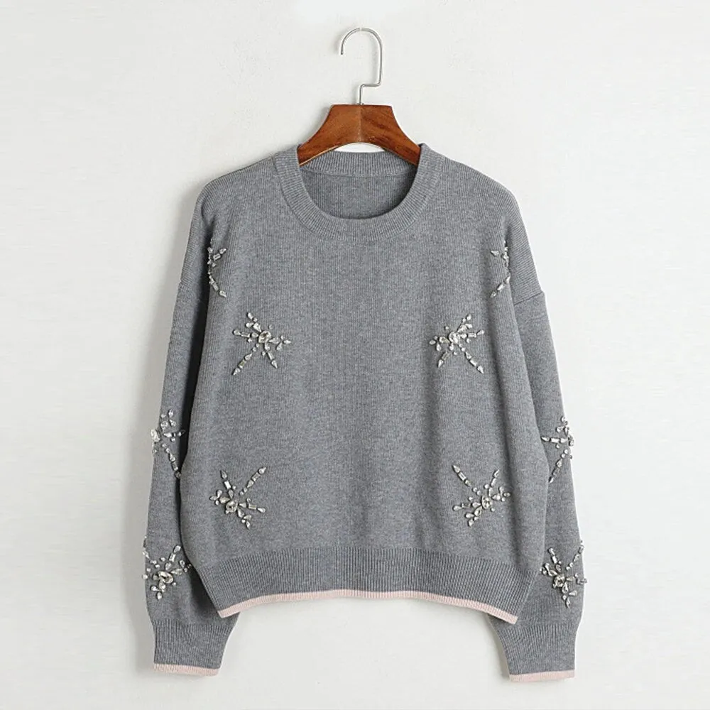 Solid Patchwork Diamonds Knitting Sweaters For Women Round Neck Long Sleeve Pullover Sweater Female Fashion