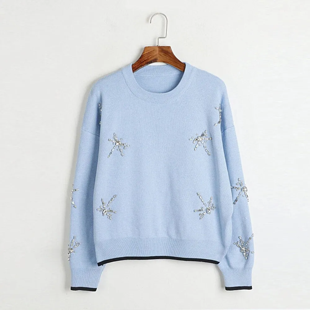 Solid Patchwork Diamonds Knitting Sweaters For Women Round Neck Long Sleeve Pullover Sweater Female Fashion