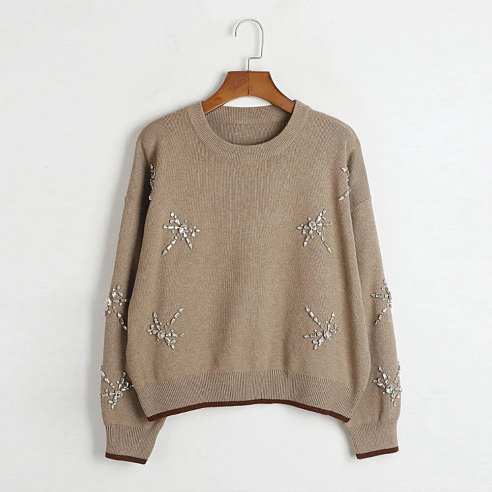 Solid Patchwork Diamonds Knitting Sweaters For Women Round Neck Long Sleeve Pullover Sweater Female Fashion