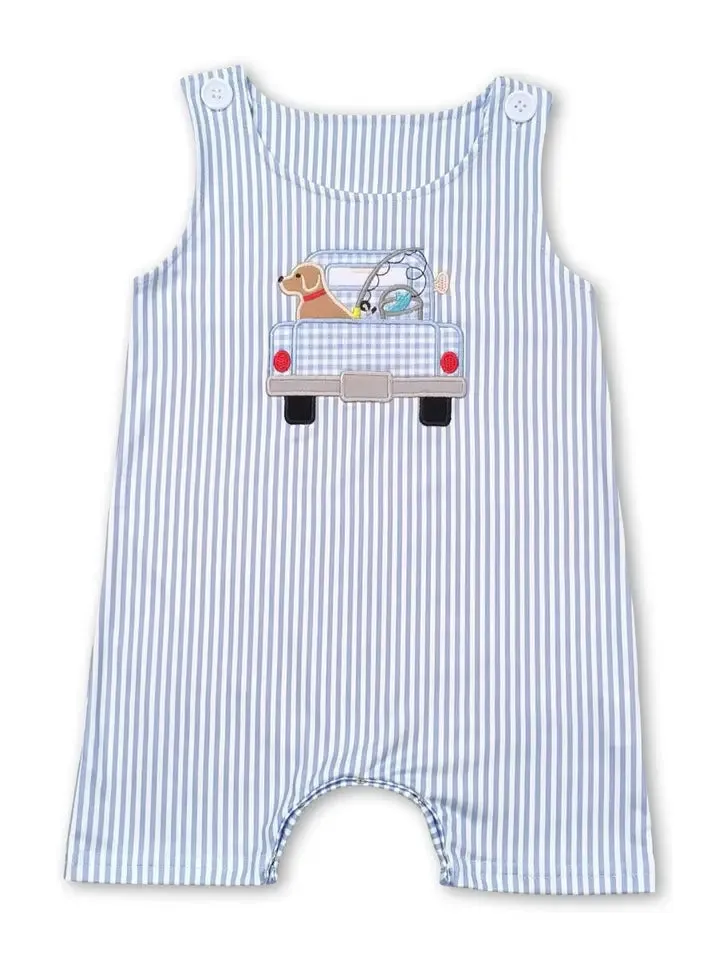 Stripe Sleeveless Dog Fishing Truck Baby Boys Romper