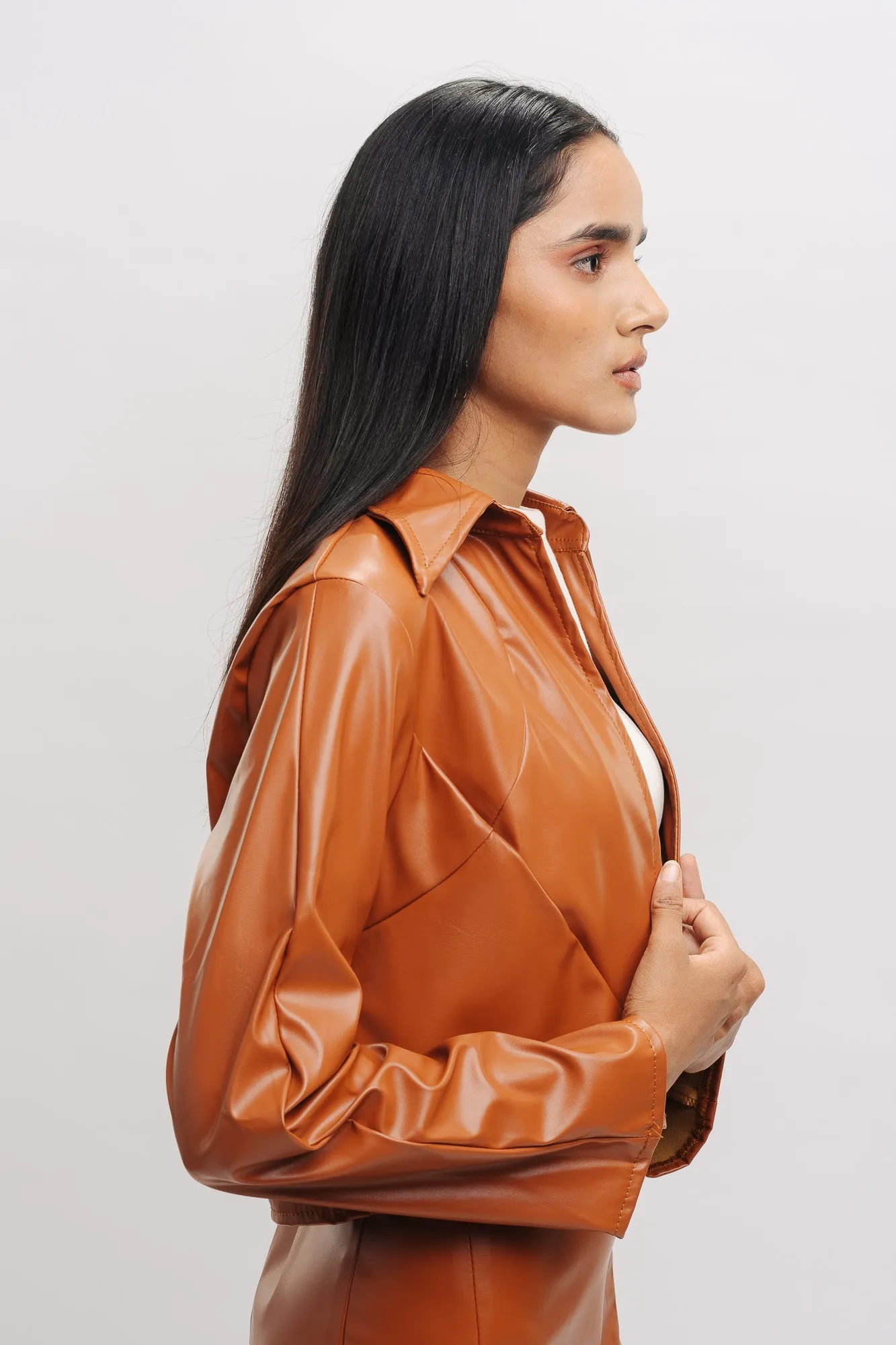 Tan Leather Crop Shacket