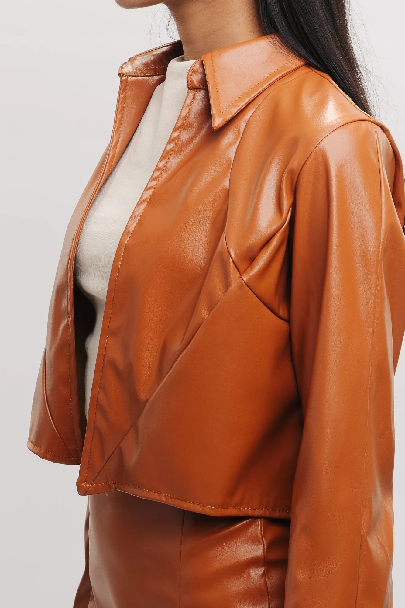 Tan Leather Crop Shacket