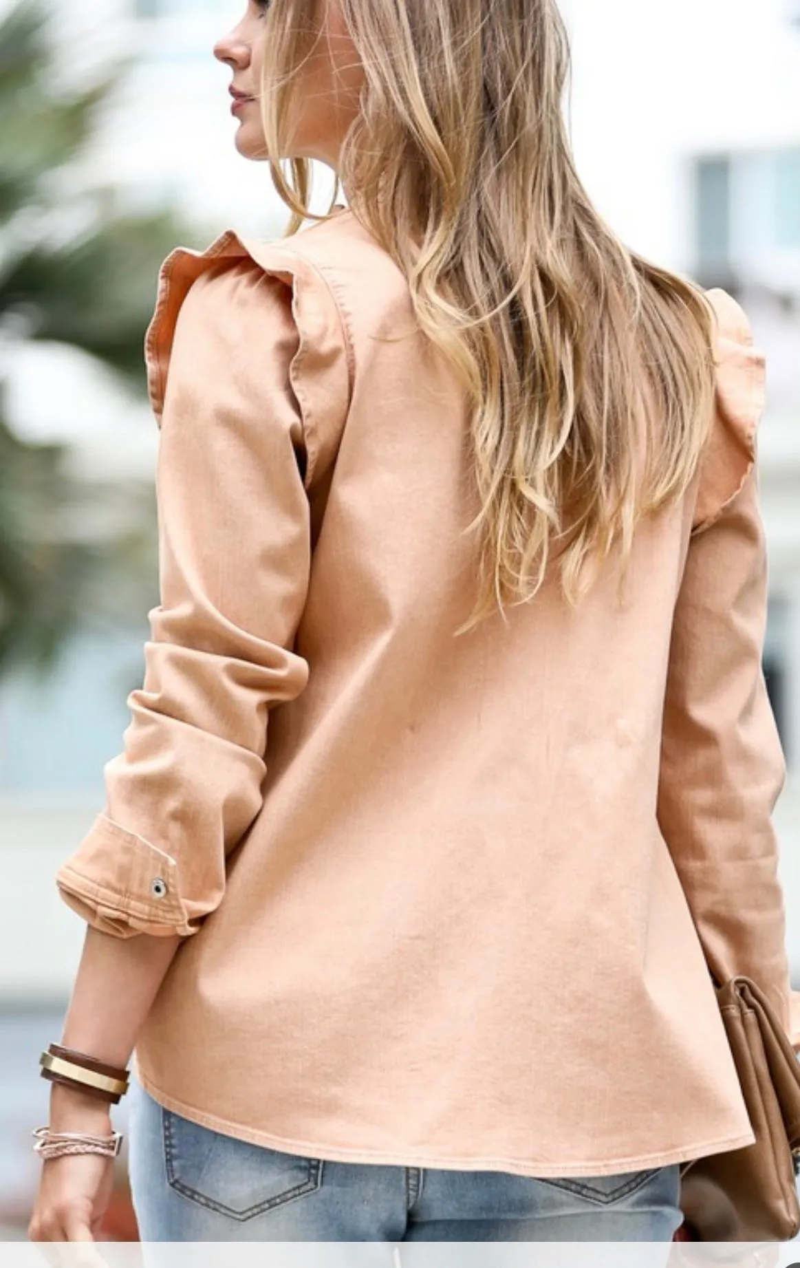 Tan Shacket with Ruffle Trim