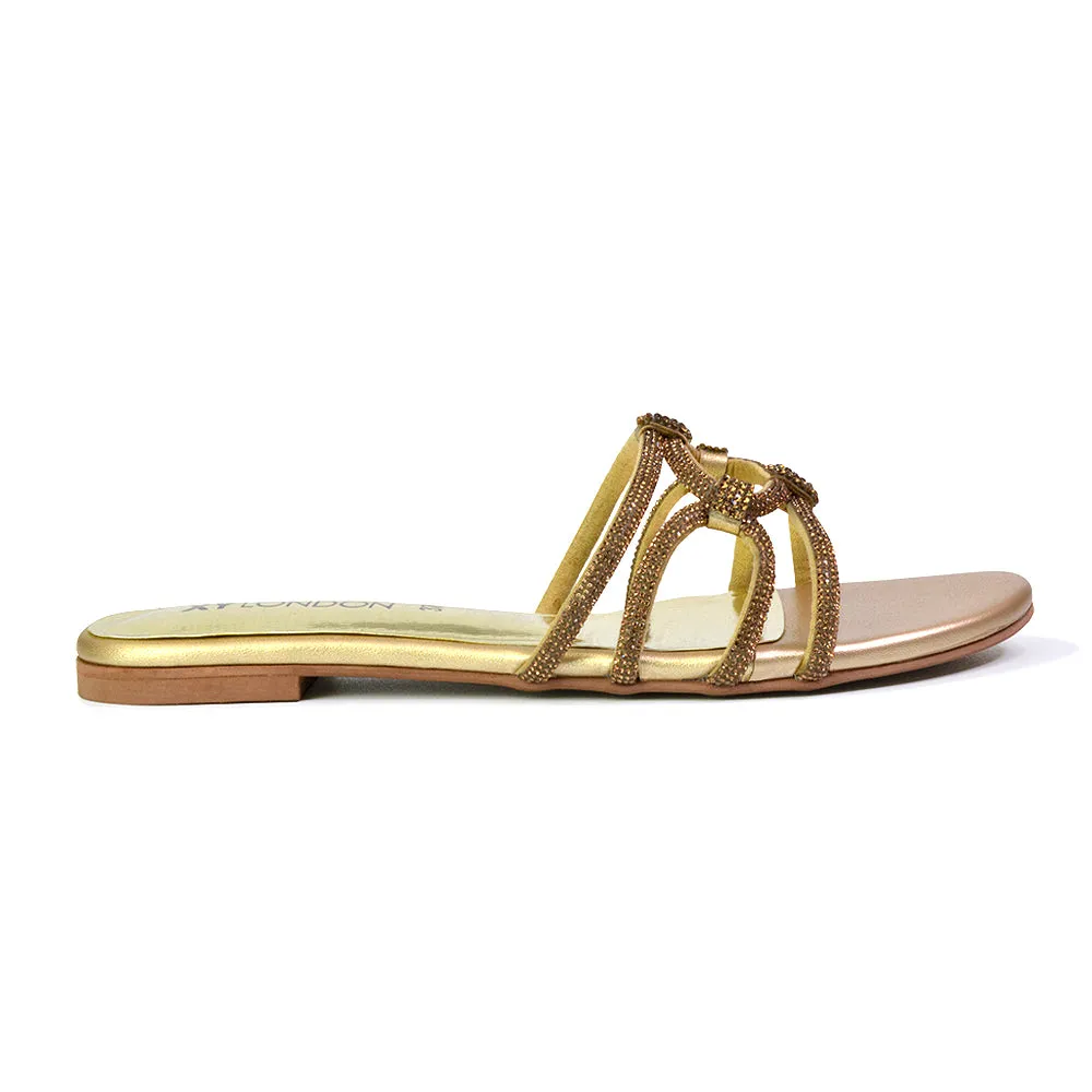 Tiger Slip On Summer Flat Diamante Sandal Statement Sparkly Sliders in Gold