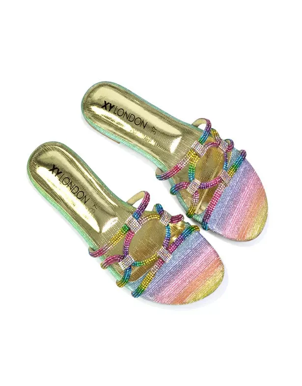 Tiger Slip On Summer Flat Diamante Sandal Statement Sparkly Sliders in Gold