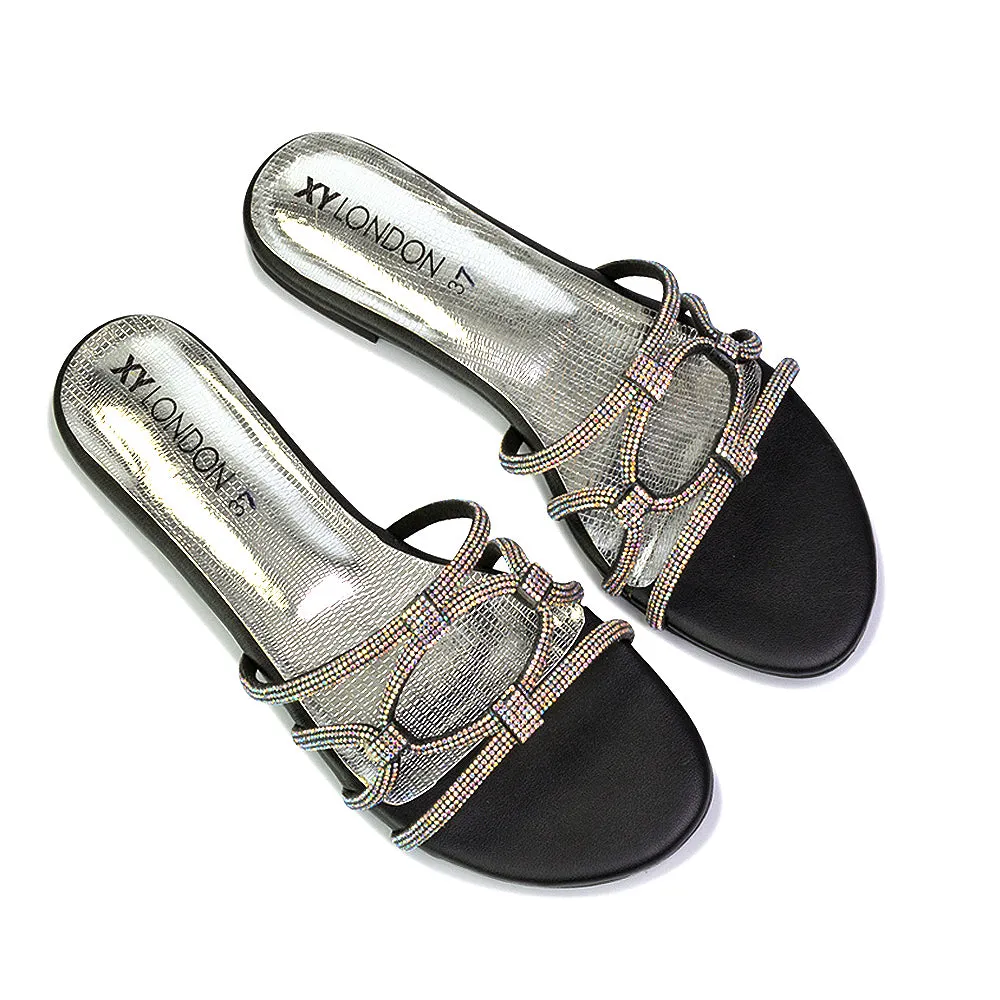 Tiger Slip On Summer Flat Diamante Sandal Statement Sparkly Sliders in Gold